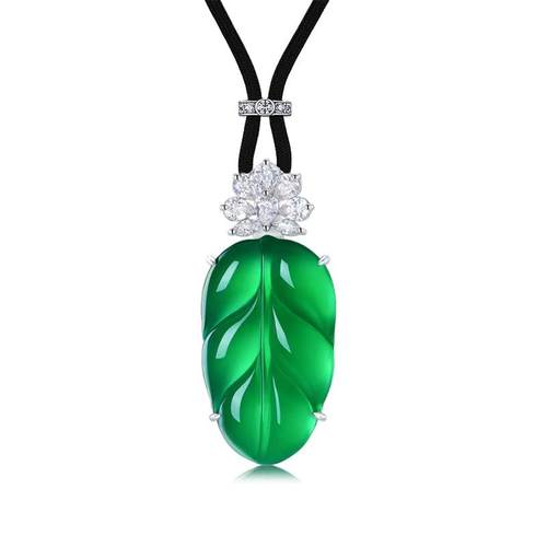 AILEQ天然玉石925银玉髓绿福叶花开吊坠珠宝新年节礼物冬项链K10 - 图0