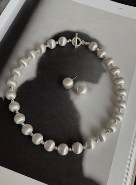 大米饰品】金属圆球拉丝耳环项链一套小众高级感轻奢2024年新款女