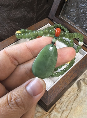 和田玉碧玉佛公雕刻珠链搭配南红蜜蜡珍珠链长60cm吊坠卡31×18.6