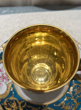 手绘内鎏a金大茶杯一杯双碟套装松石蓝