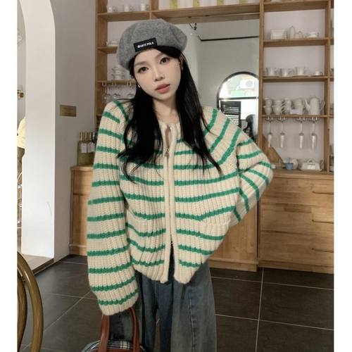 慵懒风毛衣入秋外套软糯外套女条纹复古毛衣秋冬拉链针织开衫外套 - 图1