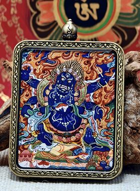 西藏唐卡纯手绘天然矿物质颜料扎基拉姆黄财神小唐卡吊坠佛牌