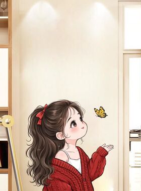 可爱卡通女孩蝴蝶嬉戏治愈贴画汽车车门防水少女心贴纸墙上门贴画