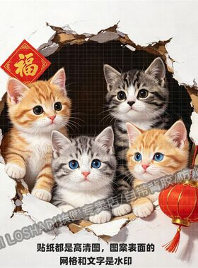 可爱猫咪破洞自粘贴纸客厅卧室墙
