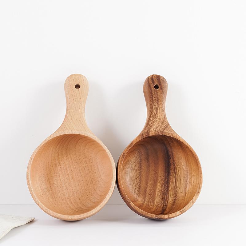 榉木相思木水瓢碗泡菜碗圆形实木手柄沙拉碗木质厨房餐具木碗-图2