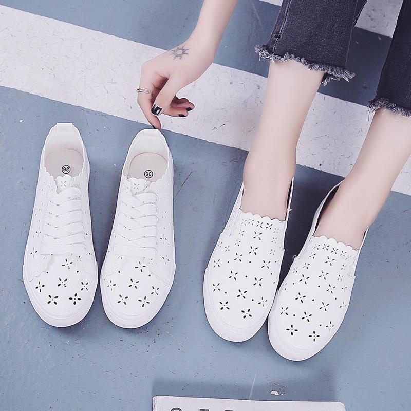 夏季透气小白鞋女2022新款镂空一脚蹬平底舒适懒人鞋韩版护士板鞋 - 图0