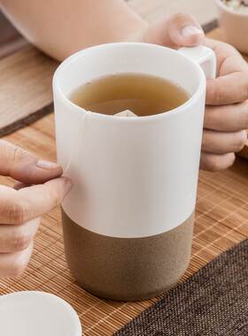 日式复古陶瓷杯子带盖勺大容量粗陶马克杯办公室泡茶杯家用喝水杯