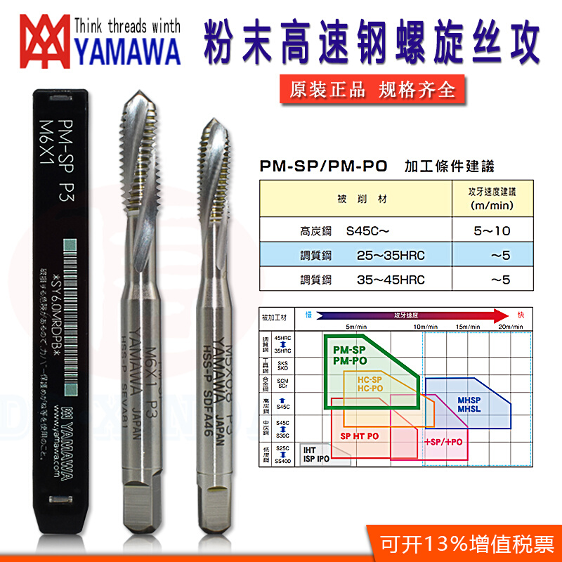 。日本进口YAMAWA粉末高速钢螺旋丝锥 高硬钢难削材专用丝攻PM-SP - 图2