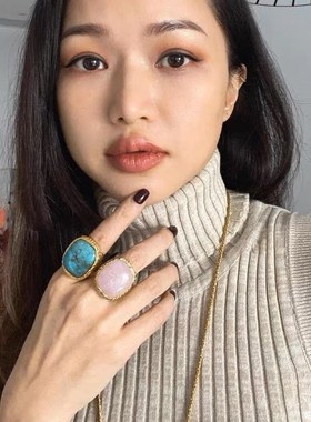 法国小众设计粉色天然石戒指方形宽面夸张戒指编织藤条复古指环女