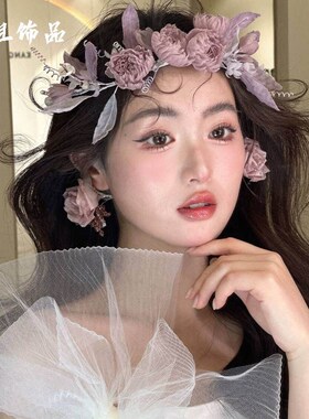 森系新娘结婚花环叶片头饰紫色花苞耳夹耳环影楼婚U纱礼服拍照配
