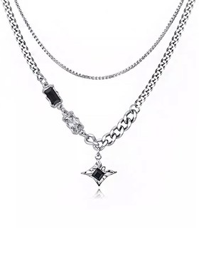 1995C 黑色锆石拼接双层锁骨链女学生四芒星吊坠不掉色项链男中性