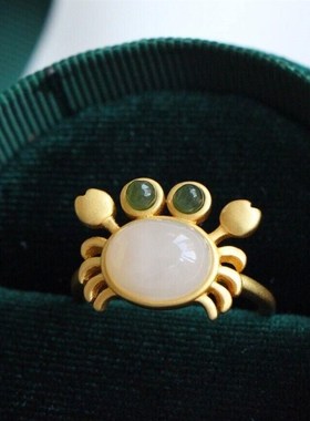 新款 古法金白玉时尚优雅气质女士螃蟹可开口可调节指环饰品