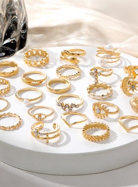 文艺复古百搭麦穗珍珠眼睛戒指23件套创意时尚几何型金色戒指套装
