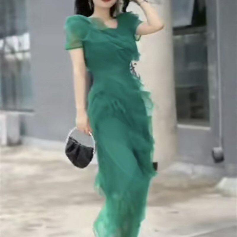 精致感女人味时h尚连衣裙2023年夏季新款方领设计感雪纺蛋糕裙长