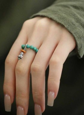 国风绿松佛像莲花弹力绳戒指女小众新中式复古百搭高级感食指戒潮