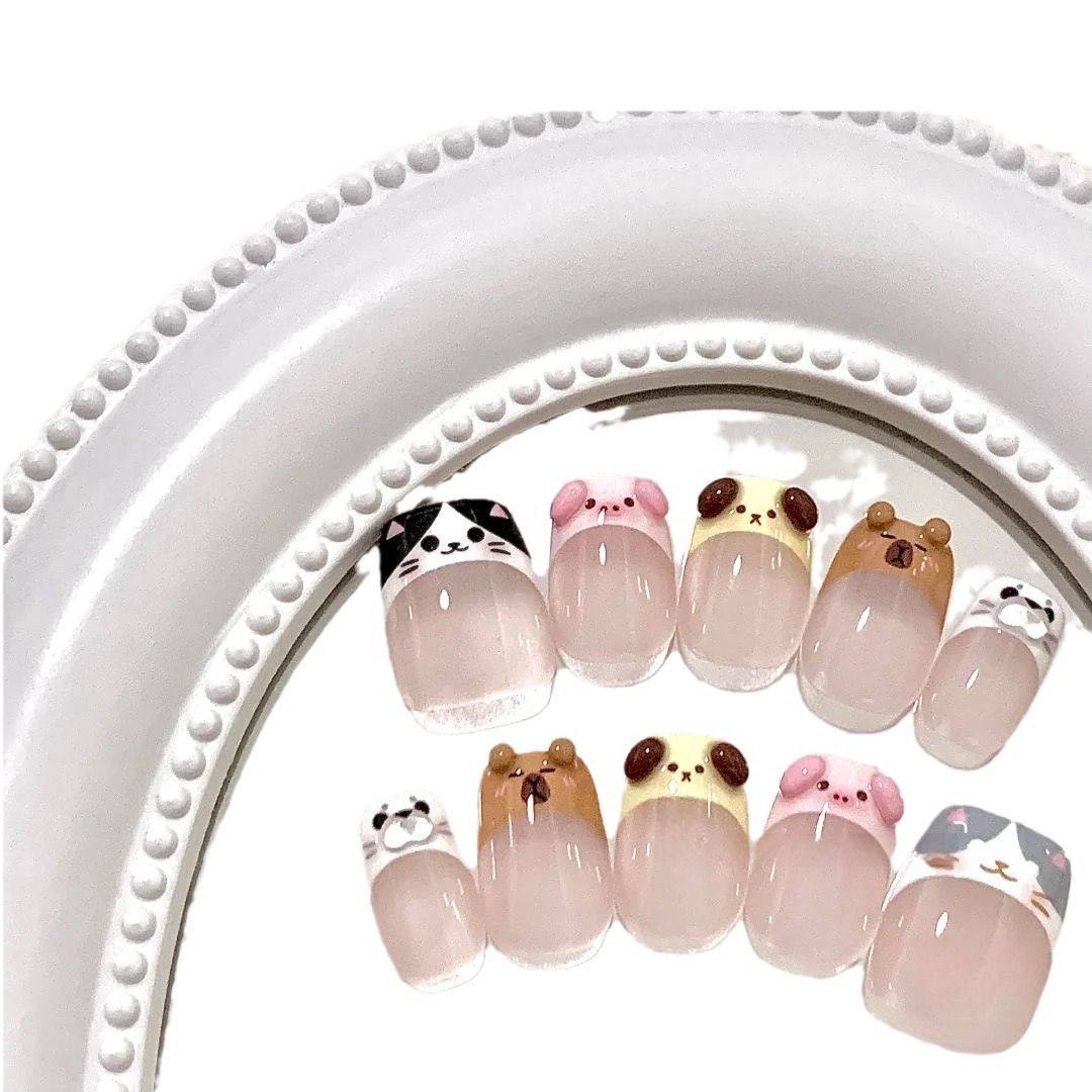 纯手工穿戴甲超萌小猫小狗法式美甲短款高级可爱显白裸色学生辣妹,淘宝优惠券,粉丝福利购,淘宝优惠卷