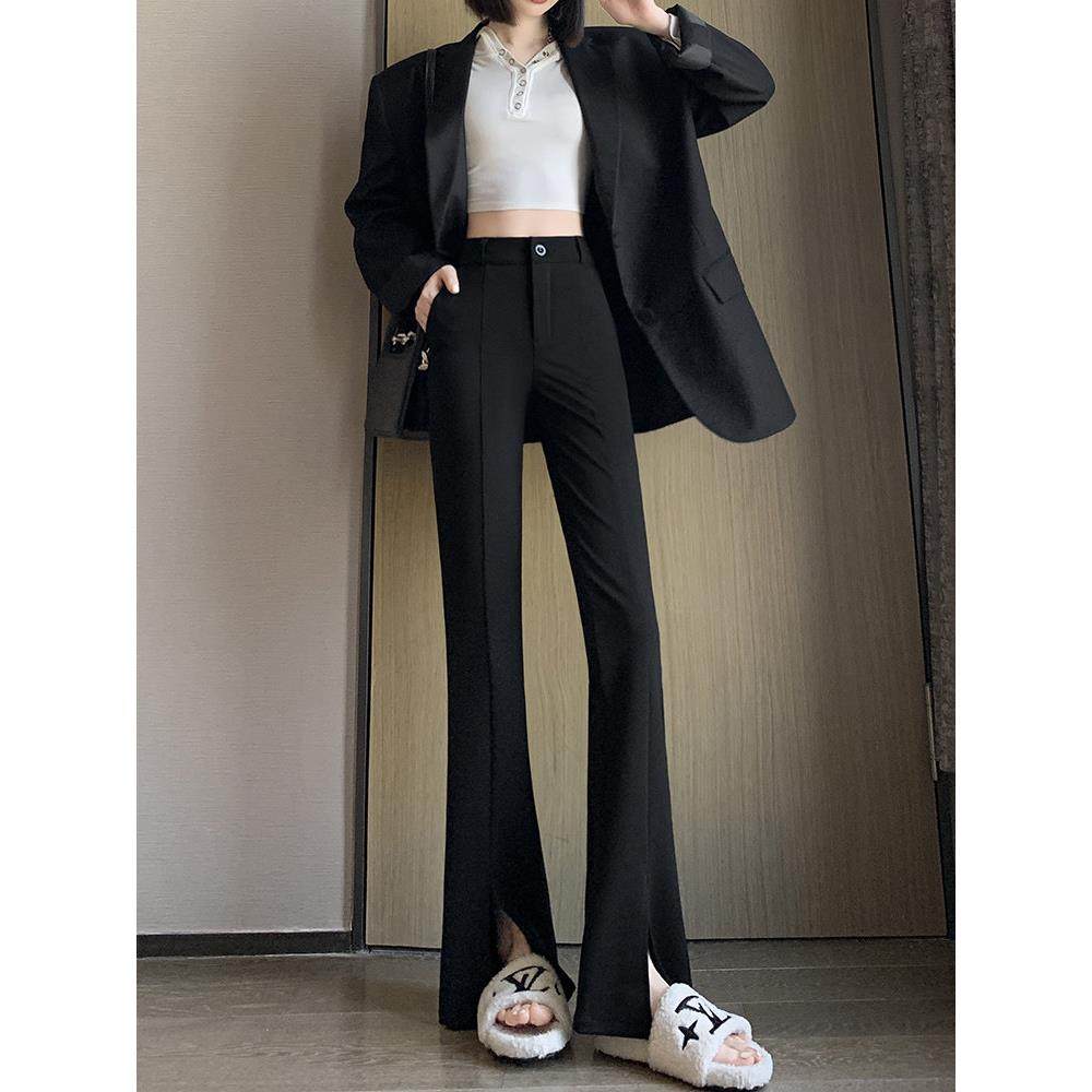 黑色微喇西装裤女夏2025新款高腰显瘦弹力开叉喇叭慵懒松弛感裤子,淘宝优惠券,粉丝福利购,淘宝优惠卷