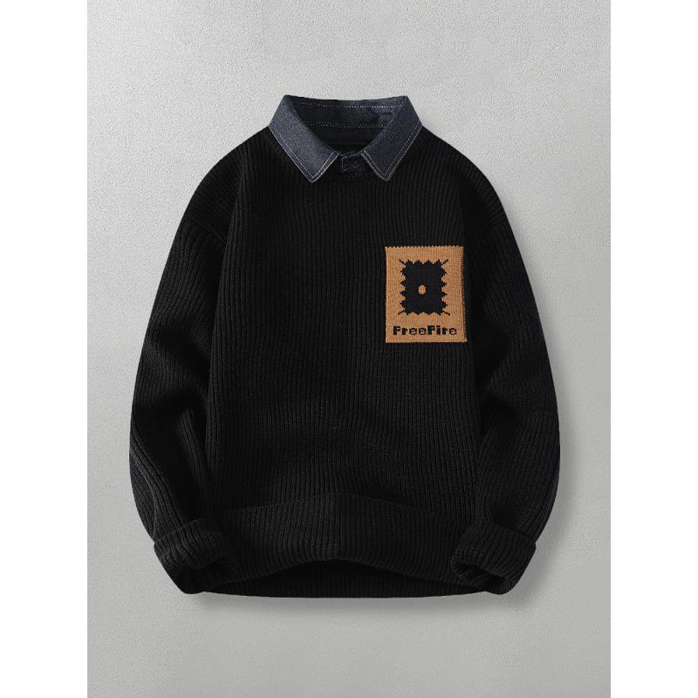 假两件设计！舒适高级感！高级感印花休闲衬衫领打底针织男毛衣,淘宝优惠券,粉丝福利购,淘宝优惠卷