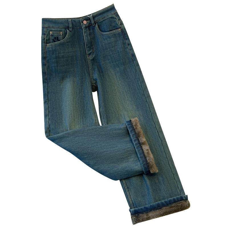 韩国加绒加厚牛仔阔腿裤女2025年秋冬季新款宽松高腰垂感直筒裤子,淘宝优惠券,粉丝福利购,淘宝优惠卷