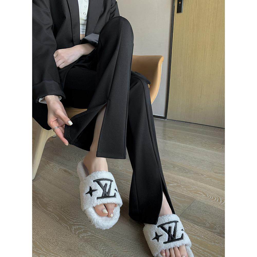 黑色微喇西装裤女夏2025新款高腰显瘦弹力开叉喇叭慵懒松弛感裤子,淘宝优惠券,粉丝福利购,淘宝优惠卷