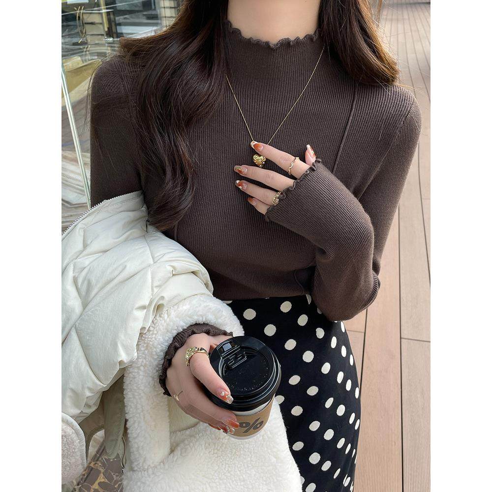 纯色打底衫女内搭时髦洋气2025秋冬新款木耳边半高领毛衣针织上衣,淘宝优惠券,粉丝福利购,淘宝优惠卷