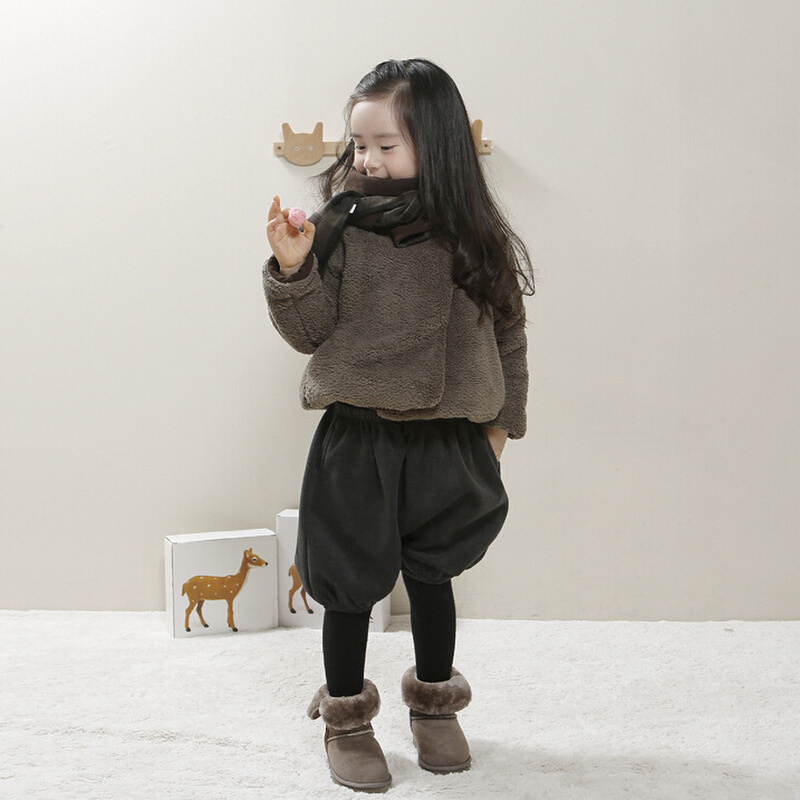 秋冬童装女童加绒加厚外套韩版儿童羊羔毛短款上衣潮套装保暖棉衣
