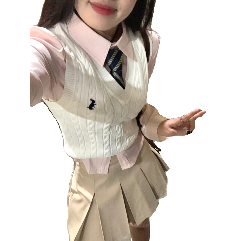 多莉别再惹我韩式jk制服秋冬套装针织马甲粉色长袖学院风收腰显瘦 - 图3