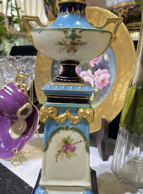 法式洛可可i风全手绘天蓝色釉陶瓷摆件