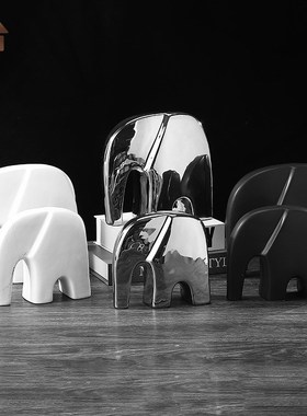 简约现代轻奢银色电镀陶瓷小w象摆件客厅样板间儿童房家居桌面饰