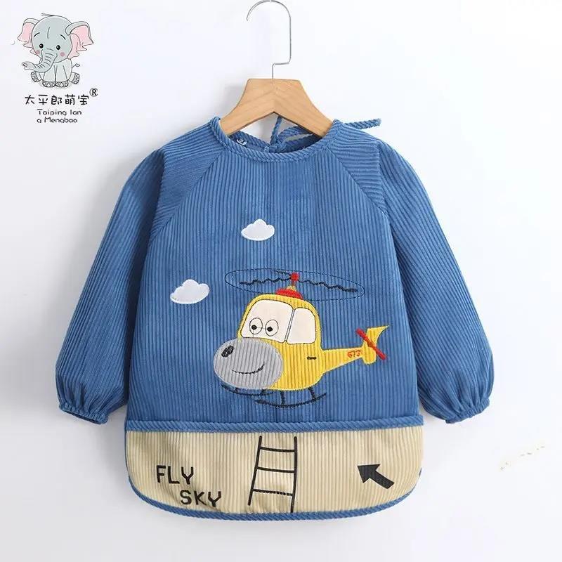Baby bib bag for children over 3 years old, corduroy smock, cotton waterproof reverse dressing, baby eating apron protection