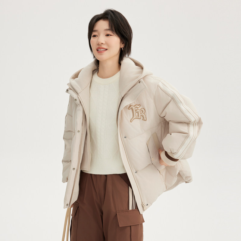 艾莱依假两件短款羽绒服女冬季新款美式时尚简约加厚条纹简约外套,淘宝优惠券,粉丝福利购,淘宝优惠卷