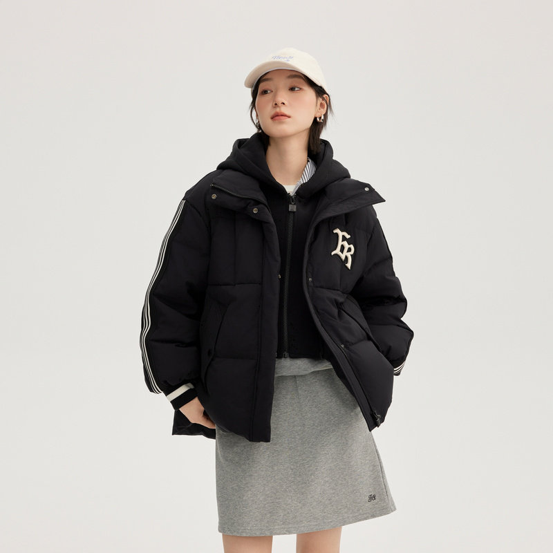 艾莱依假两件短款羽绒服女冬季新款美式时尚简约加厚条纹简约外套,淘宝优惠券,粉丝福利购,淘宝优惠卷