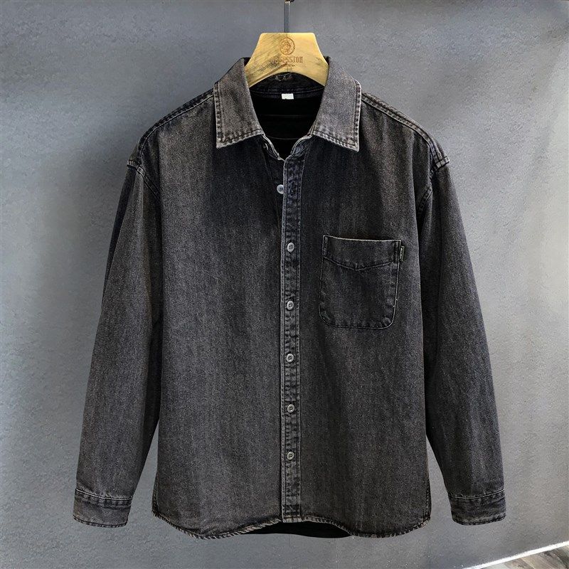 港版高端重磅做旧水洗工装牛仔衬衫男士秋季美式复古长袖衬衫外套,淘宝优惠券,粉丝福利购,淘宝优惠卷