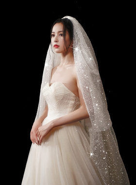 新娘结婚超仙森系网红拍照道具白色闪闪星空头纱长款拖尾大头纱