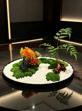 轻奢风餐桌花艺蕨类植物永生苔藓餐桌装饰高端酒店包间转盘景观
