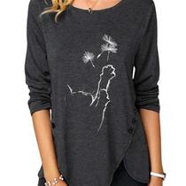 Womens Printed Irregular Hem Button Decoration Long Sleeve