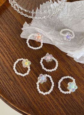 跨境彩色串珠花朵泫雅风戒指可爱甜美百搭手饰女饰品批发指环