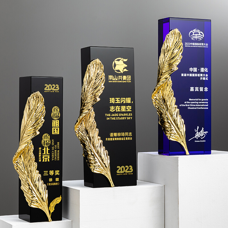 新款水晶奖杯创意金属翅膀羽毛定制定做企业优秀员工年会颁奖纪念 - 图1