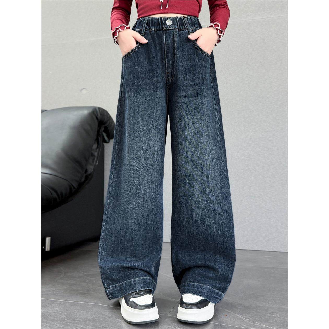 法国轻奢潮童女童裤子外穿秋冬潮女孩直筒阔腿儿童冬季加绒牛仔裤,淘宝优惠券,粉丝福利购,淘宝优惠卷