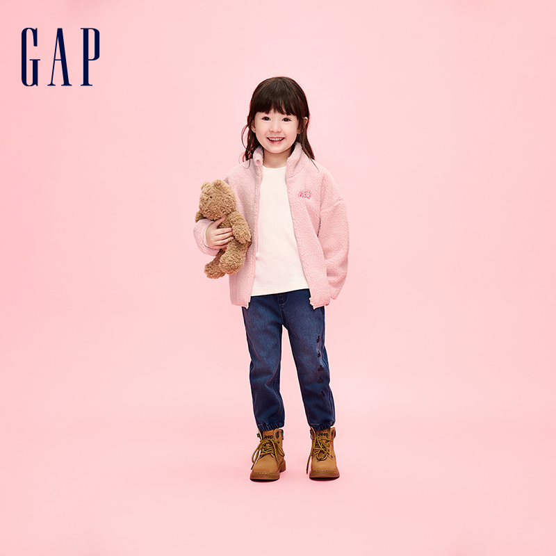 Gap女幼冬季LOGO仿羊羔绒立领夹克儿童装洋气加绒保暖外套836572