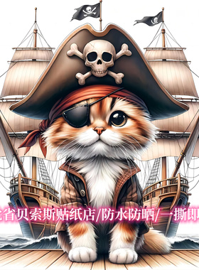 创意小猫海盗船贴纸汽车车身划痕贴纸冰箱背景墙衣柜防水自粘贴