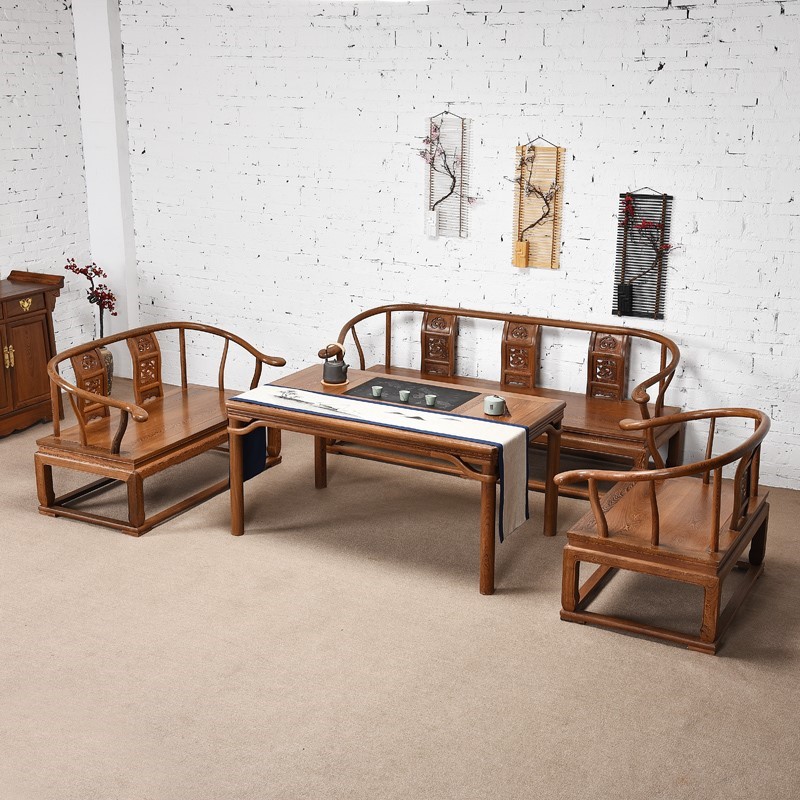 红木家具 鸡翅木沙发 客厅木质复古仿古中式实木沙发组合圈椅沙发 - 图1