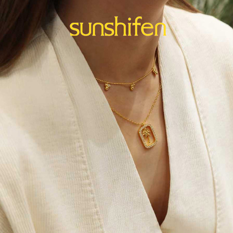 sunshifen Rainforest系列锆石棕榈树镂空吊坠项链灵动度假 - 图1