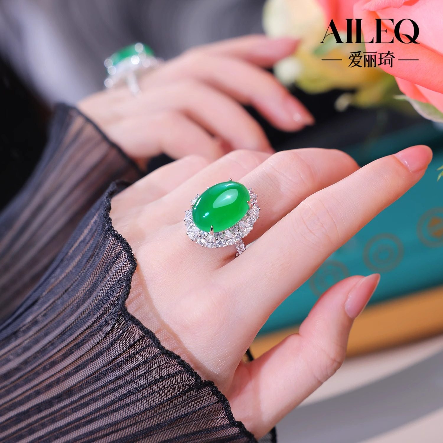 新品AILEQ纯银天然玉髓戒指特大鸽子蛋面围镶新中式女款轻奢款k10,淘宝优惠券,粉丝福利购,淘宝优惠卷