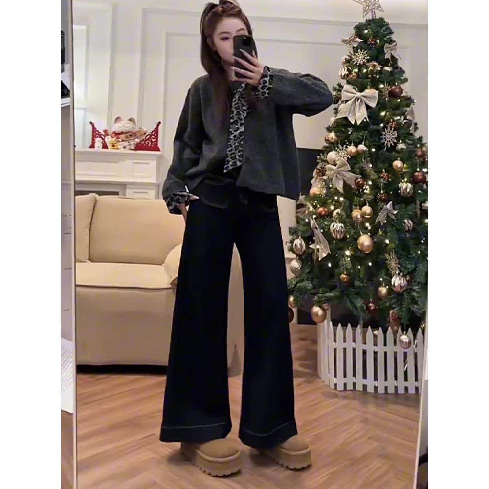 深蓝色牛仔裤女秋冬加绒大码胖mm梨形身材宽松高腰显瘦直筒阔腿裤,淘宝优惠券,粉丝福利购,淘宝优惠卷