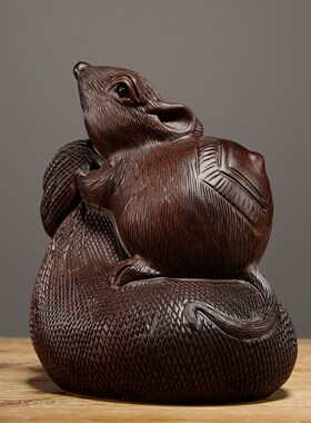 黑檀木雕刻老鼠摆件实木十二生z肖鼠家居客厅玄关装饰品红木工艺