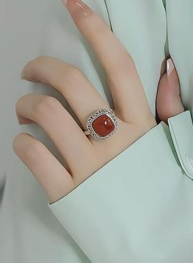 南覆925银方糖红戒瑙指女国风新中古式玛唐草J-104纹开口可调节指