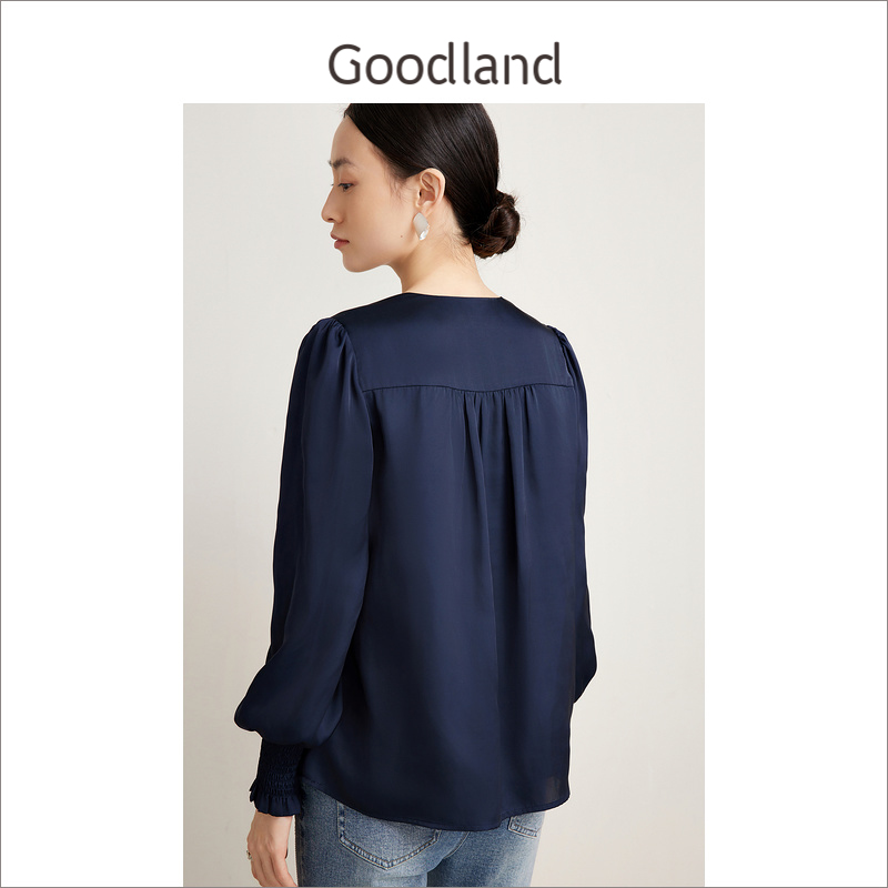 Goodland美地2024新品藏蓝色法式上衣女垂感海岛丝系带衬衫 - 图2