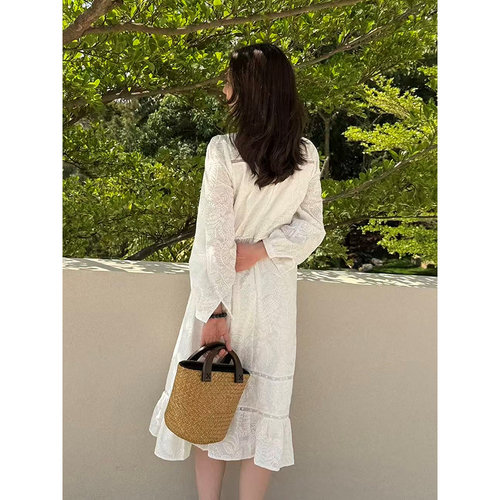 Goodland美地白色法式刺绣连衣裙女蕾丝v领2026春新款LC36105230 - 图0