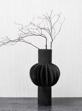 现代简约黑白陶瓷干插花器客厅电视柜餐桌装饰摆件砖红色百叶花瓶